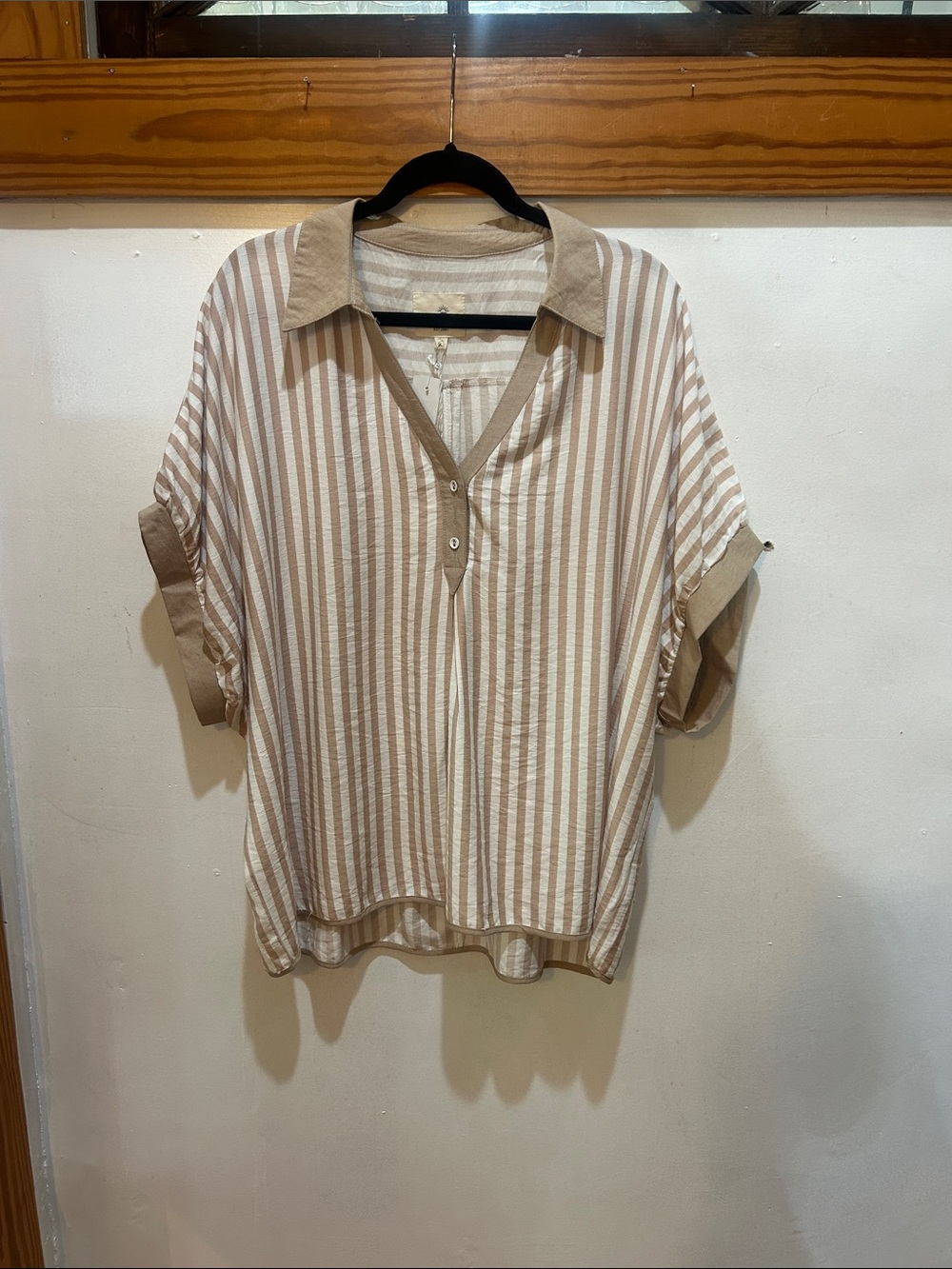 Lightweight Beige & Cream Striped V-Neck Tunic Top
